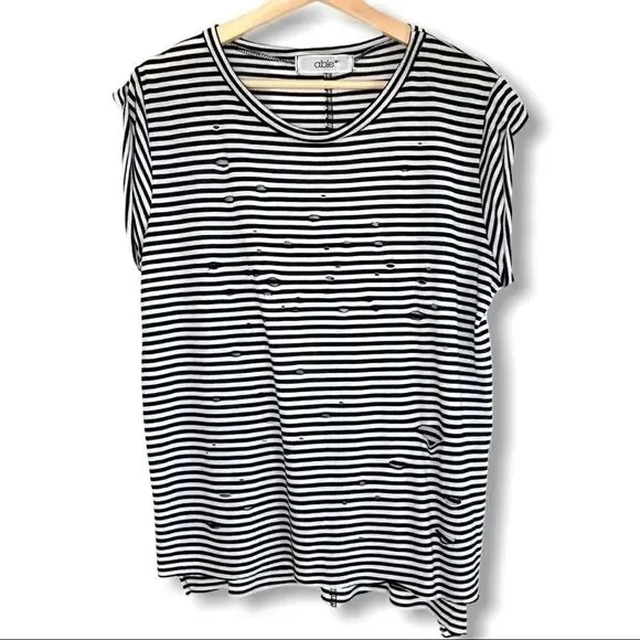 able Striped Distressed Slashed Rolled Sleeve Top - Picture 2 of 8